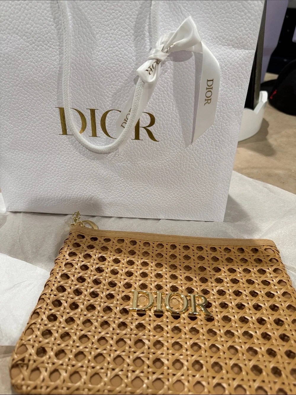 Dior Tan Woven Clutch with Gold DIOR Logo